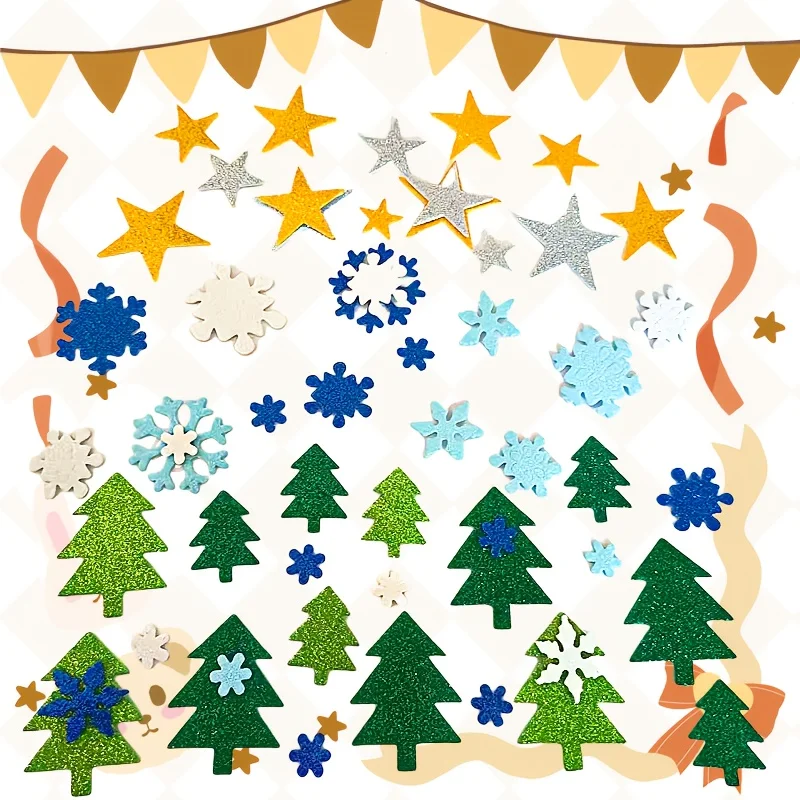 150/300 stuks zelfklevende glitterschuimstickers voor Kerstmis, sneeuwvlokken en pijnbomen, geen residu, levendige kleuren voor ramen