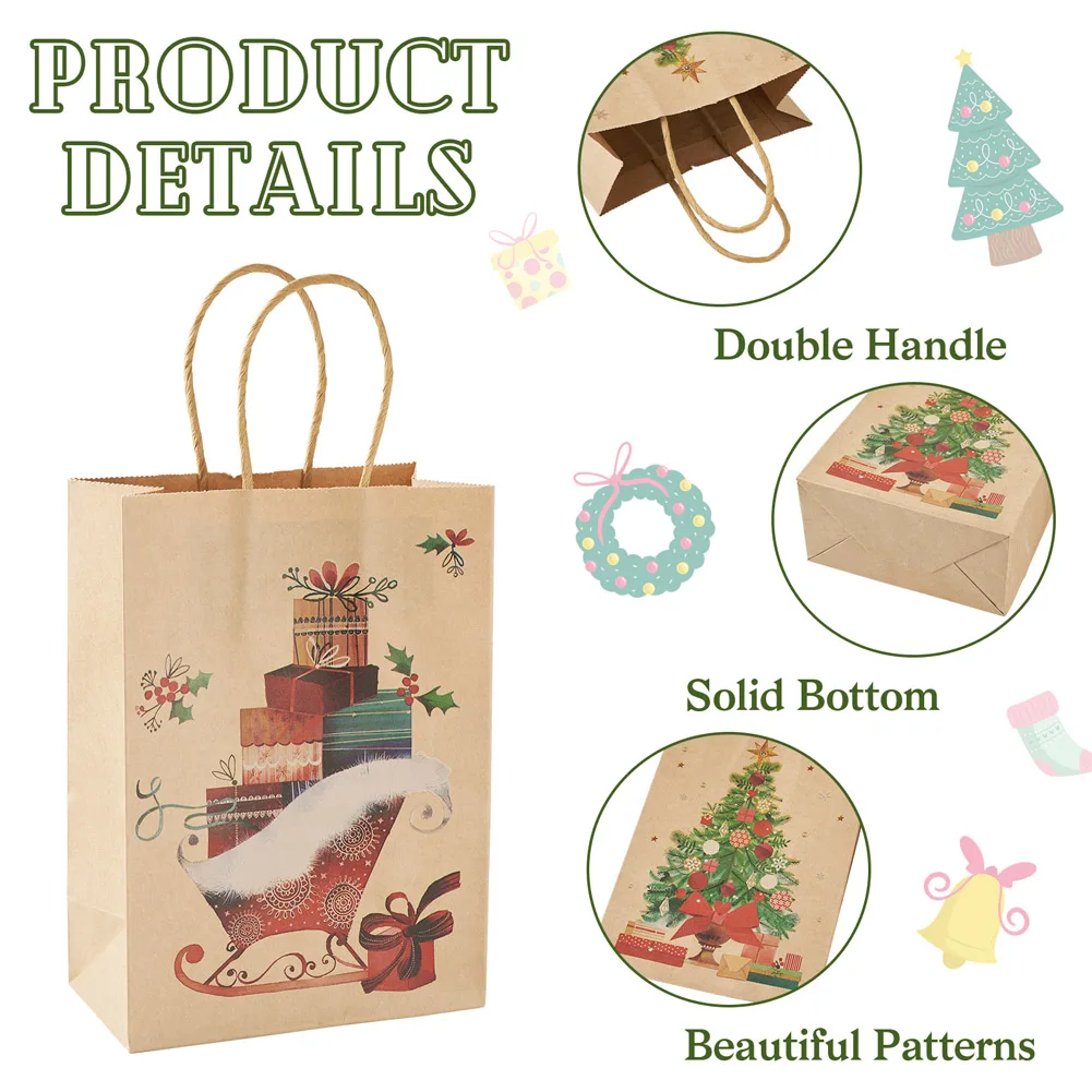 8Pcs Merry Christmas Gift Bags Bell Santa Claus Kraft Paper Bags with Handles Rectangle Jewelry Shopping Bag