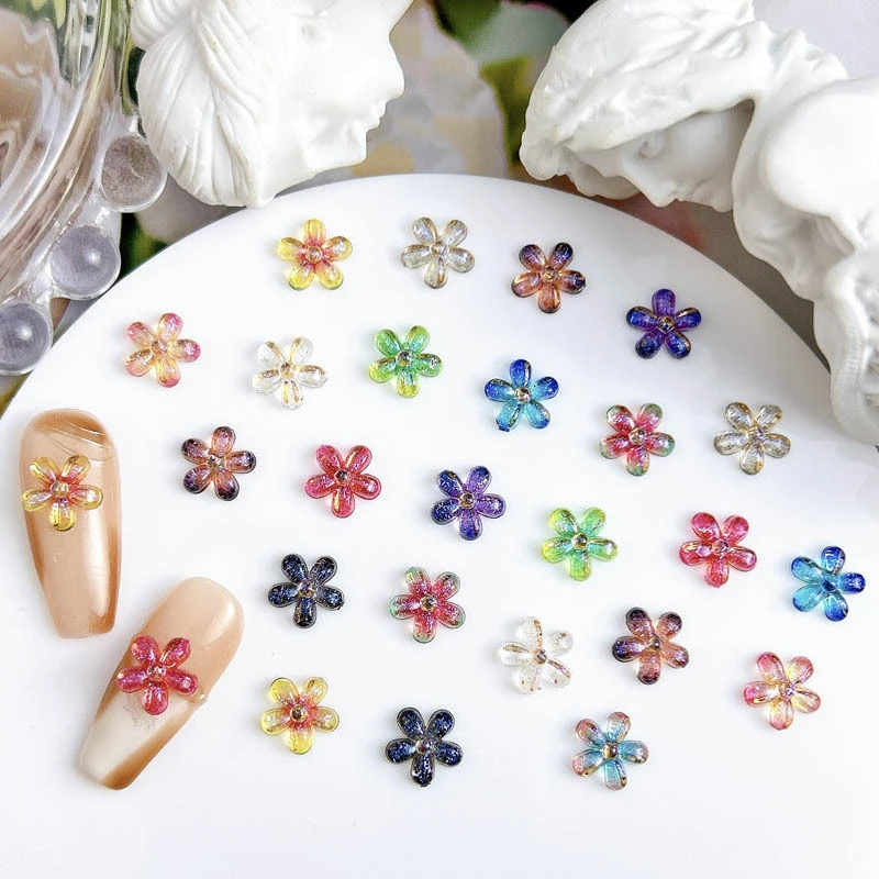 50 pz fiore colorato ciondoli per unghie fiore trasparente ghiaccio con Glitter oro fiocco Nail Art decorazione 3D accessori per Manicure fai da te