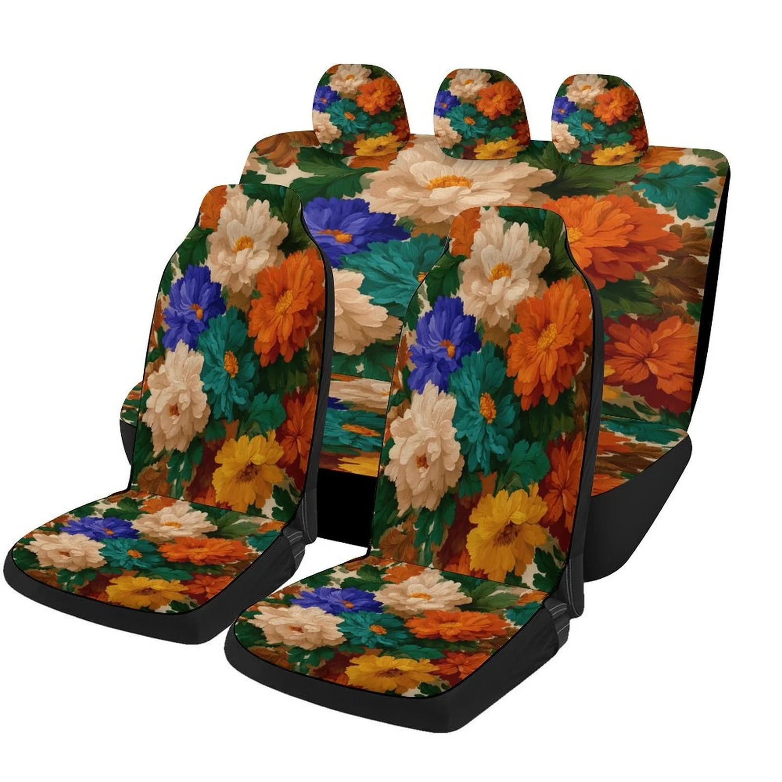 Set Of Car Seat Covers Featuring A Floral Design, Suitable For A Variety Of Vehicles. Stylish And Unique, This Complete Set Incl