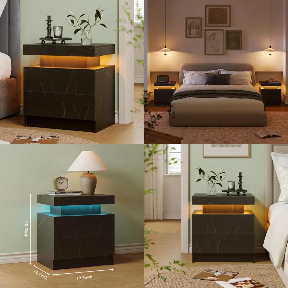 

modern led nightstand with 2 drawers, black, for bedroom: 13"x19"x20"