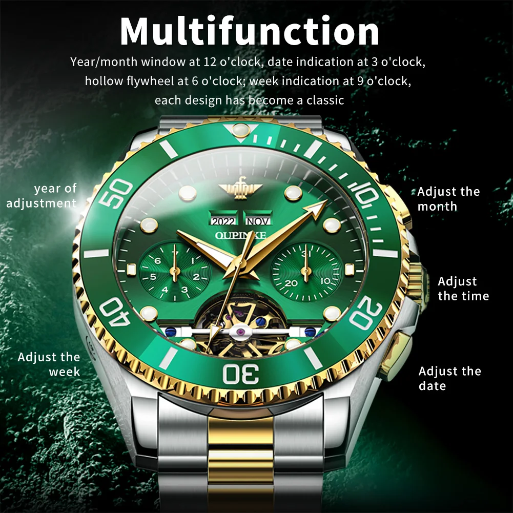 OUPINKE 3229, мужские часы, элитный бренд, автоматические механические часы для дайвинга, полые часы с маховиком, календарь недели, мужские спортивные часы
