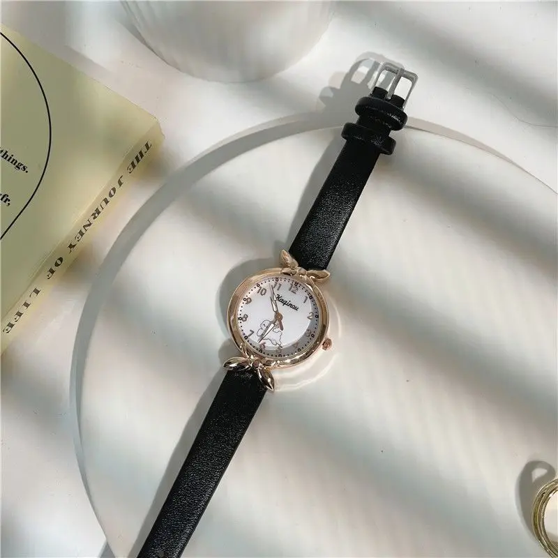 นาฬิกาควอตซ์กันน้ำขนาดเล็กสำหรับเด็กผู้หญิงนาฬิกาหนังสีดำเป็นของขวัญวันเกิด