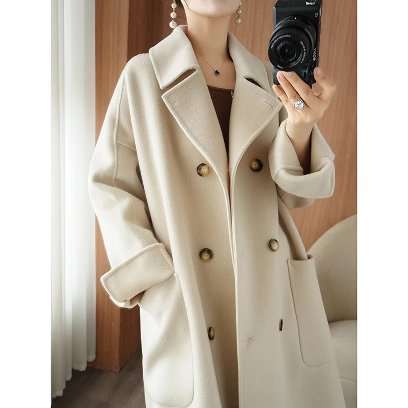 Autumn And Winter New 100% Wool Coat Women\'s Double-Sided Woolen Coat Medium Long Thick Double Breasted Windbreaker