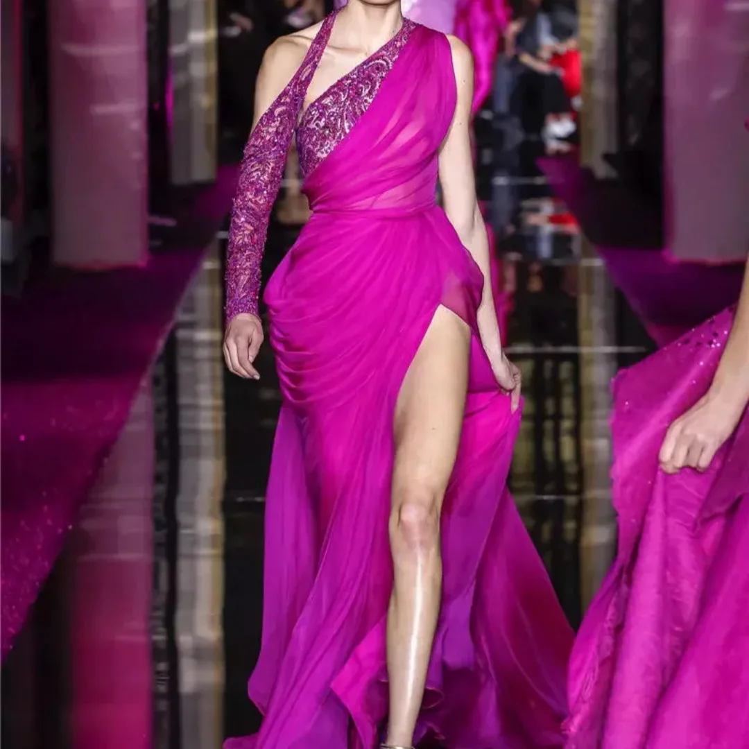 

Sexy Evening Dresses Beading Sequined Long Prom Dress One Shoulder Chiffon Thigh Split Formal Party Gown Customized