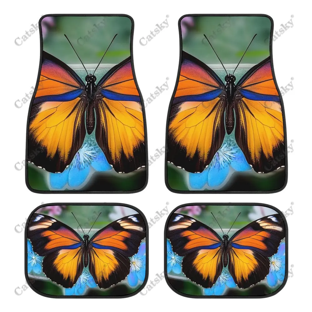 Beautiful Orange Butterfly Car Floor Mats 4-piece Set Front Rear Carpet Stain-resistant Suitable for SUV Truck Interior Decor