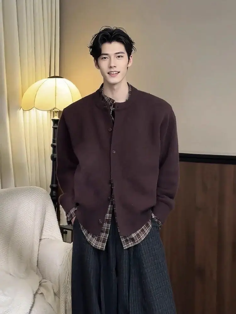 Khaki Plaid Spliced Fake Two-Piece Men's Knitwear Casual Style Autumn Winter Outerwear Shirt Innerwear Layering Sweater