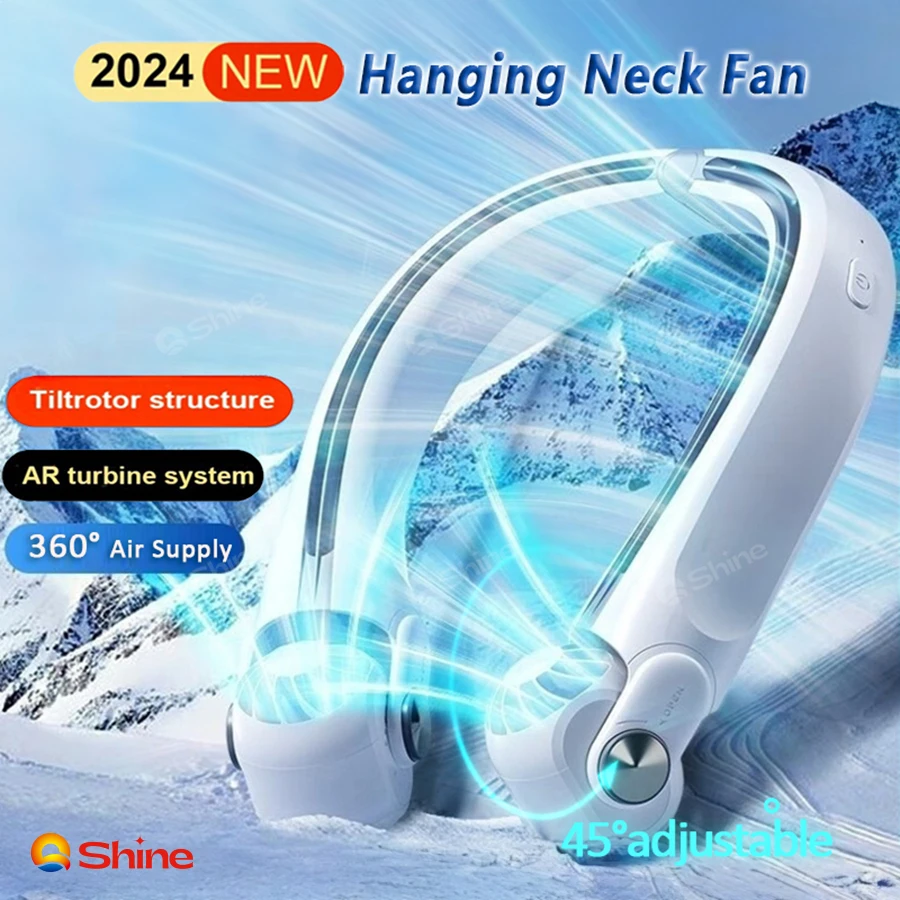 Ventilador de cuello colgante recargable, aire acondicionado portátil sin aspas de Rotor basculante con estructura ajustable de 45 °, novedad de 2024