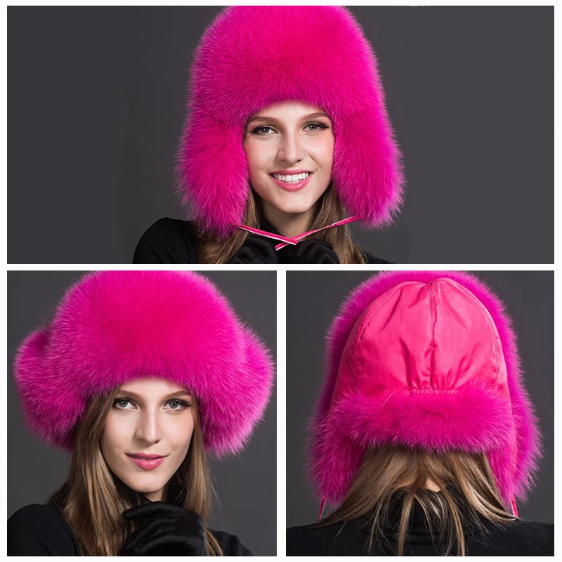New 100% Real Fox Fur Hats Women\'s Russian Ushanka Aviator Trapper Snow Skiing Hat Caps Earflap Winter Raccoon Fur Bomber Hat