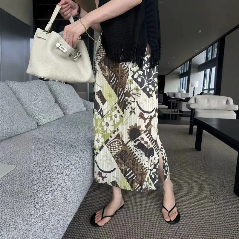 Miyake Pleated 2026 Summer New Original Mid-Length High-Waist Straight Printed Skirt with Slit Versatile Floral Skirt for Women