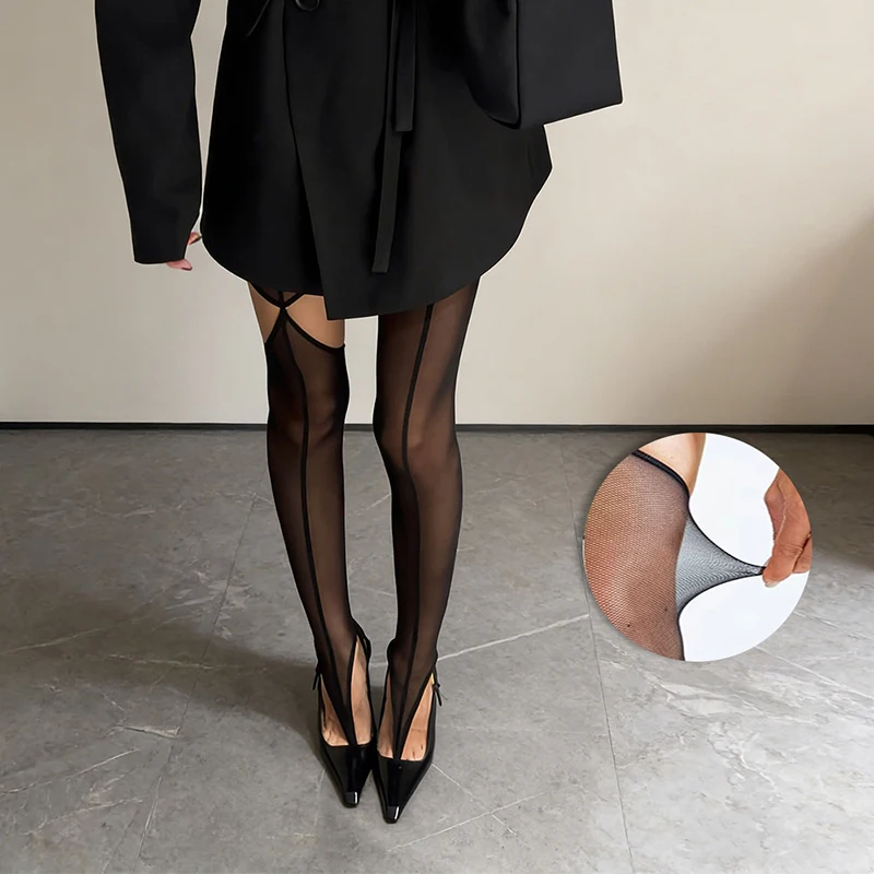Black Seamed Tights Women Sexy Hollow Out Footed Sheer Pantyhose 2026 Spring Nylon Thin Mesh See Through Stocking image 2