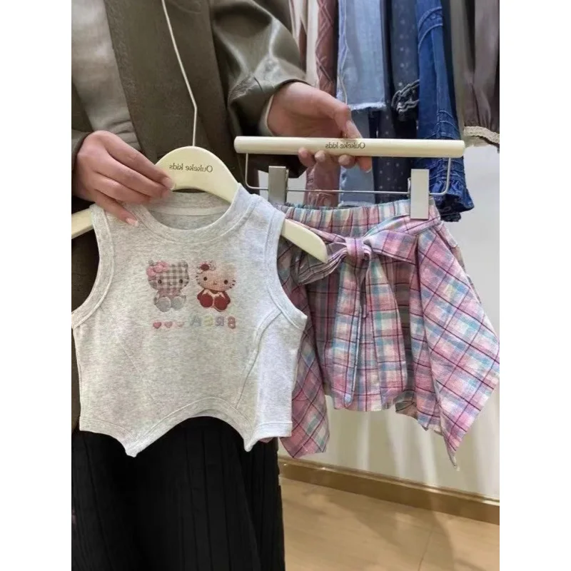 

Children's Outfit Dress New Summer Korean Style Baby Girl Sleeveless Vest Top+Irregular Plaid Skirt Two-Piece Set
