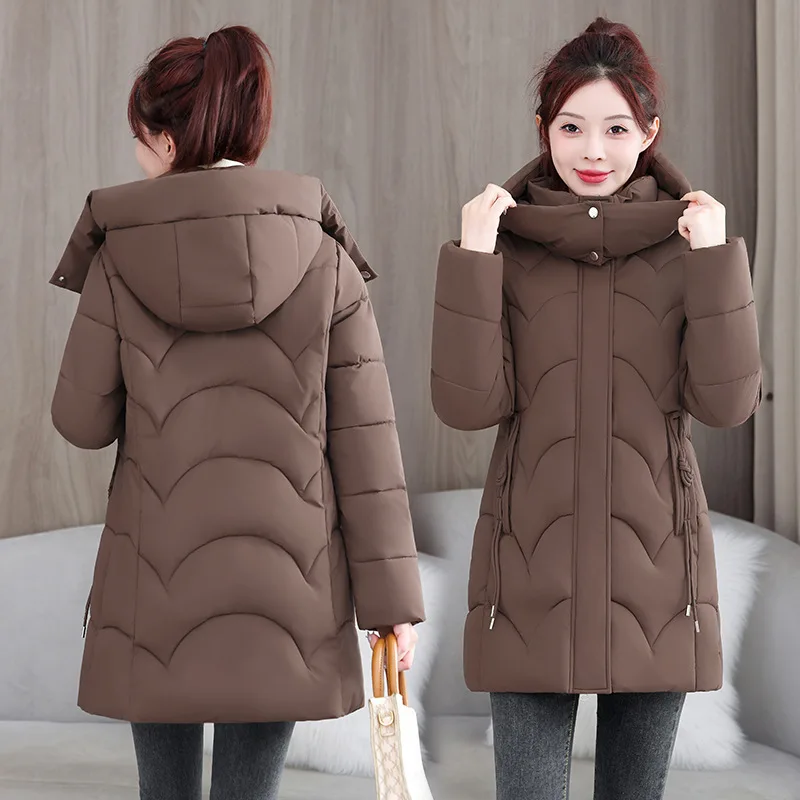 

Autumn Winter New Fashionable Medium To Long Women Thick Warm Cotton Jacket Versatile Solid Color Female Casual Hoodie Coat