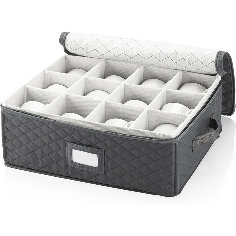 Boîte de rangement pour tasses à café à 12 compartiments avec séparateurs réglables, organisateur de tasses pliable anti-poussière pour porcelaine fine et céramiques