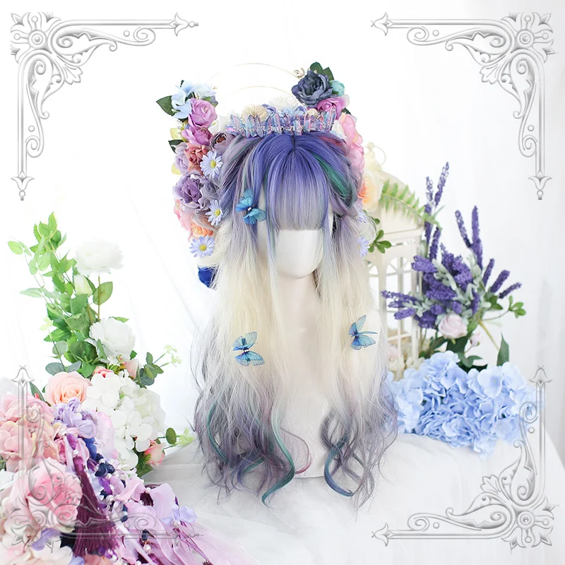 Female Dreamy Colourful Purple White Gradual Change Long Wavy Curly Bangs Wig Women Wigs Lolita Cosplay Party