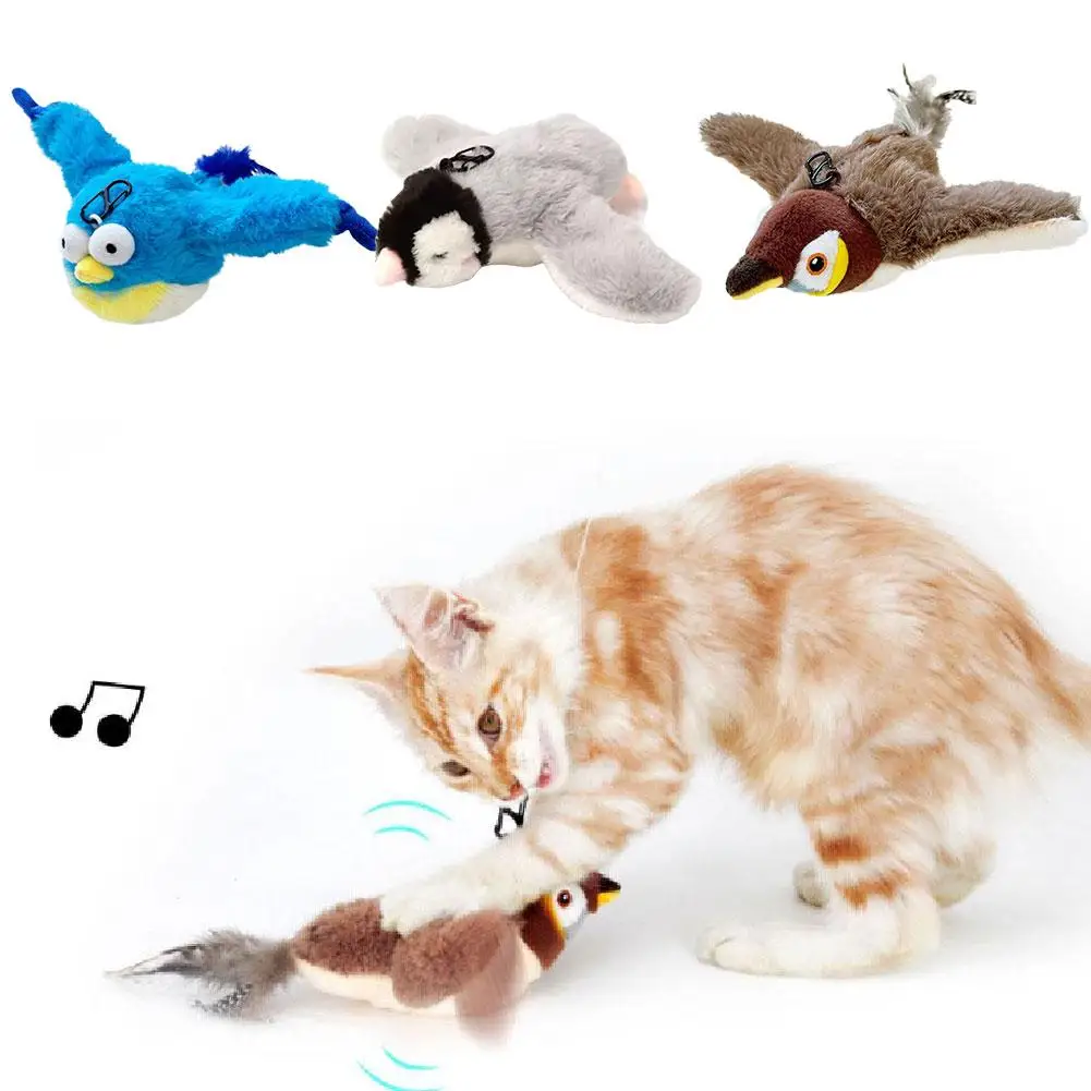 Interactive Cat Toys Rechargeable Flying Bird Wings Cat Toy Stimulating Play Touch Activated Plush Pet Cat Toy