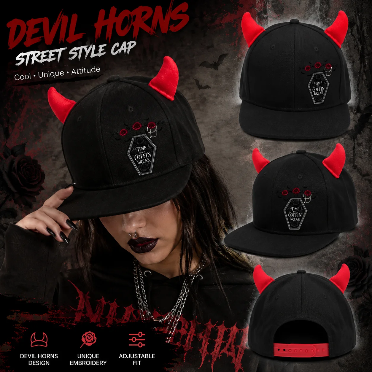 1 Halloween Devil's Corner baseball cap, printed flat edge cap, men's and women's black and red hip-hop snap cap