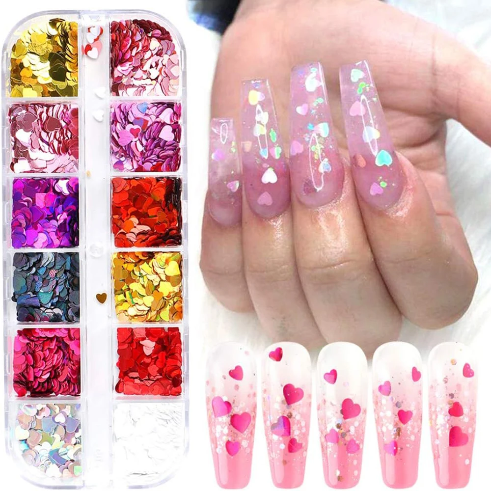 

12Color Love Heart Nail Glitter Sequin 3D Hologracphic Glitter Flake Shiny Irridescent Laser New Year Paillette Valentine Sequin