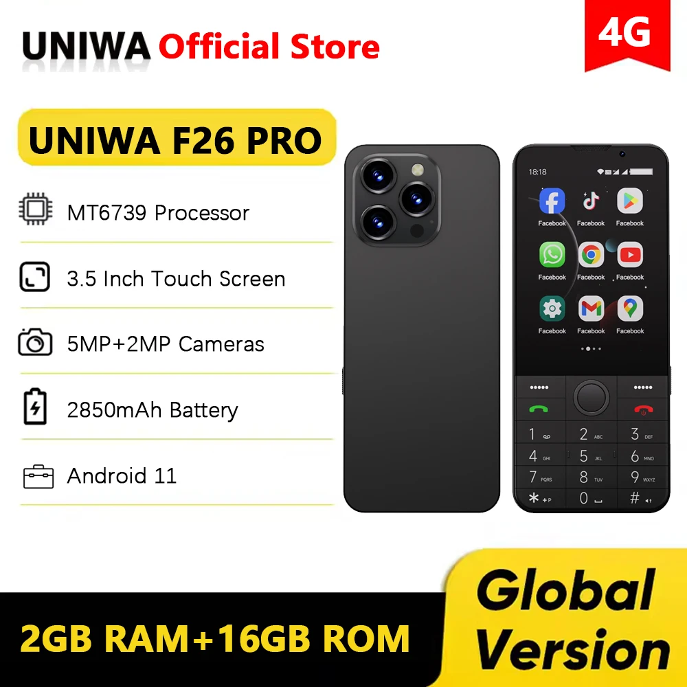 Téléphone à clavier tactile UNIWA F26 PRO 4G Android 11 double carte SIM 3,5 pouces 2 Go + 16 Go 2850 mAh avec clavier russe et WhatsApp