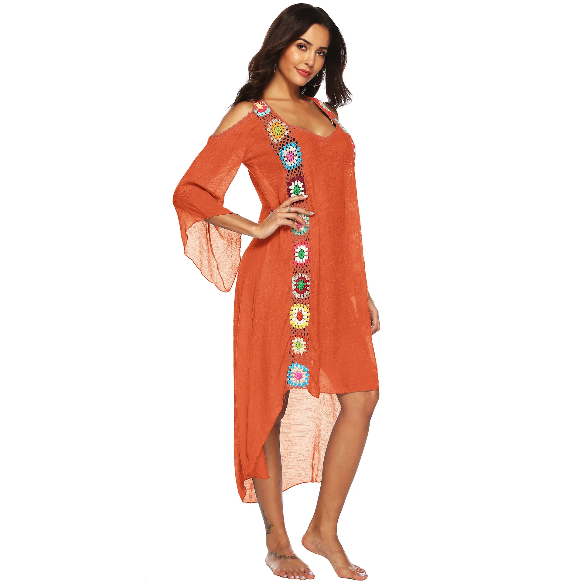 2021 Summer Multicolor Hand Hook Features Splice Shoulder Irregular Beach Smock Dress for Women