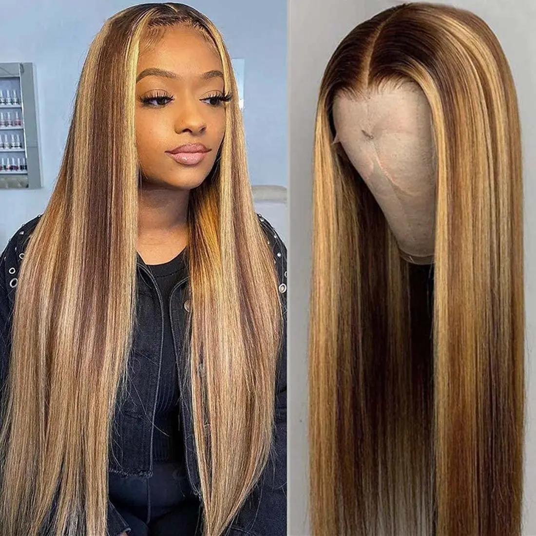 Ombre Lace Frontal Peruca, Transparente Straight Cabelo Humano Perucas, Colorido Brasileiro Osso Cabelo Liso, 4/27 Destaque, 30 in, 32 in