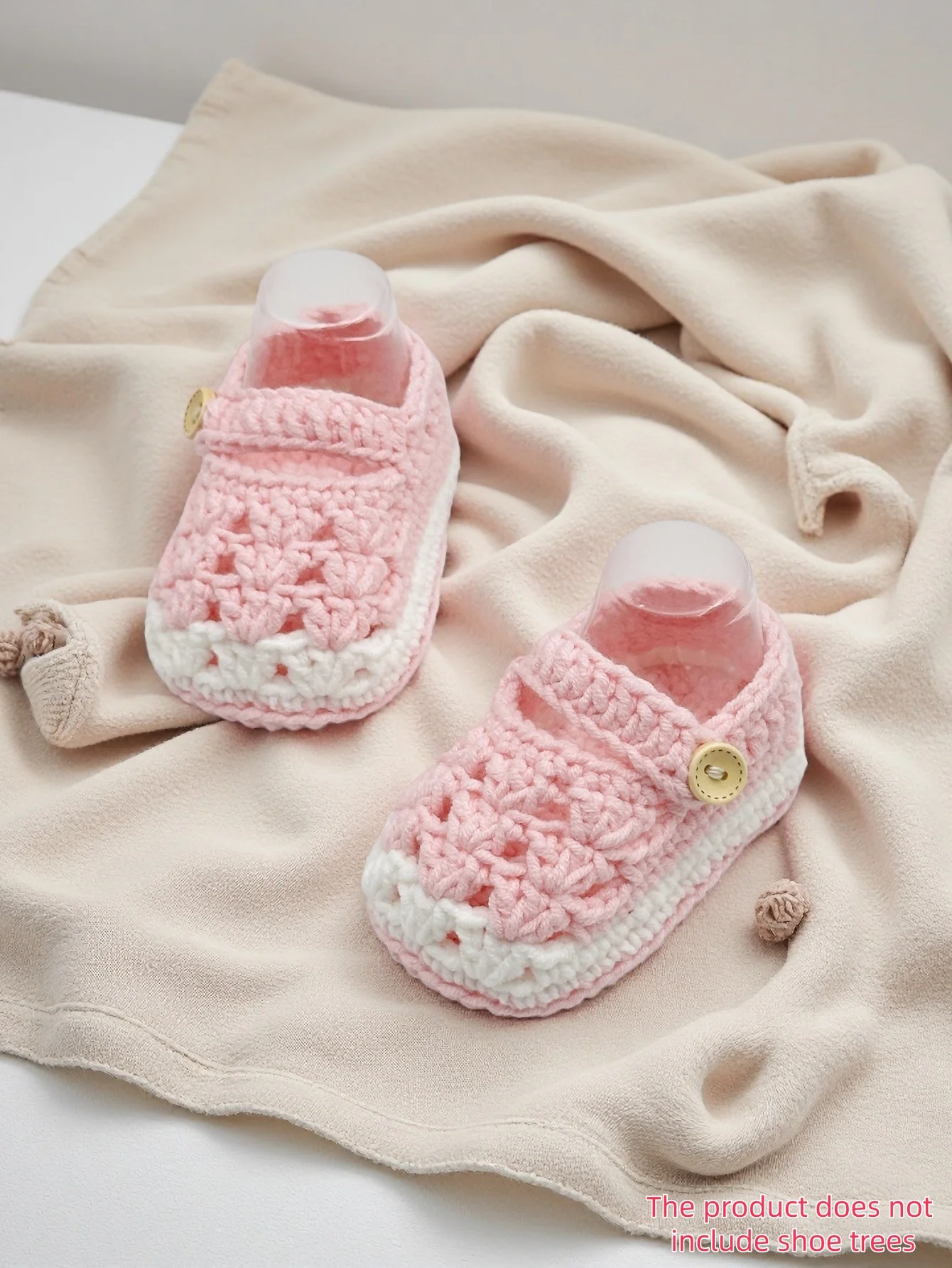 

1 Pair Handmade Crochet Baby Girl Booties, Pink and White, Button Strap Infant Shoes