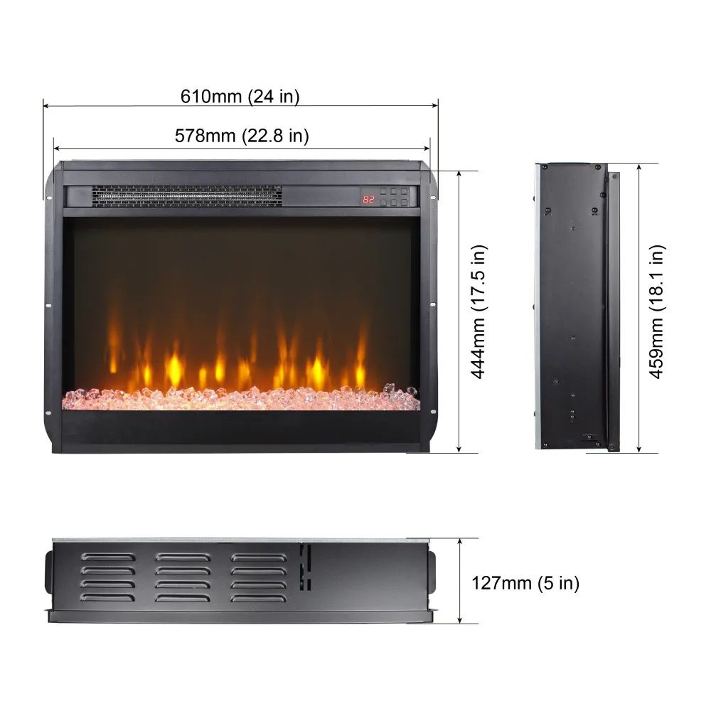 23 inch electric fireplace insert, ultra thin heater with crystal  & realistic flame, remote control with timer, overheating