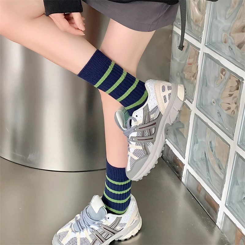 Fashion Women\'s Socks Spring Autumn Korean Style Mixed-Color Striped Socks Female Casual Retro Long Loose Socks For Girls Floor