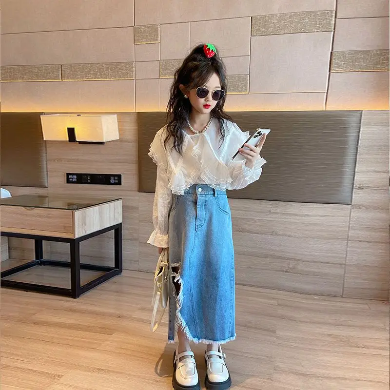 Korean Childrens Wear 2023 Spring Set Fashionable Girls Spring Wear Childrens Denim Set Skirt Girls Fashion Cotton Sets