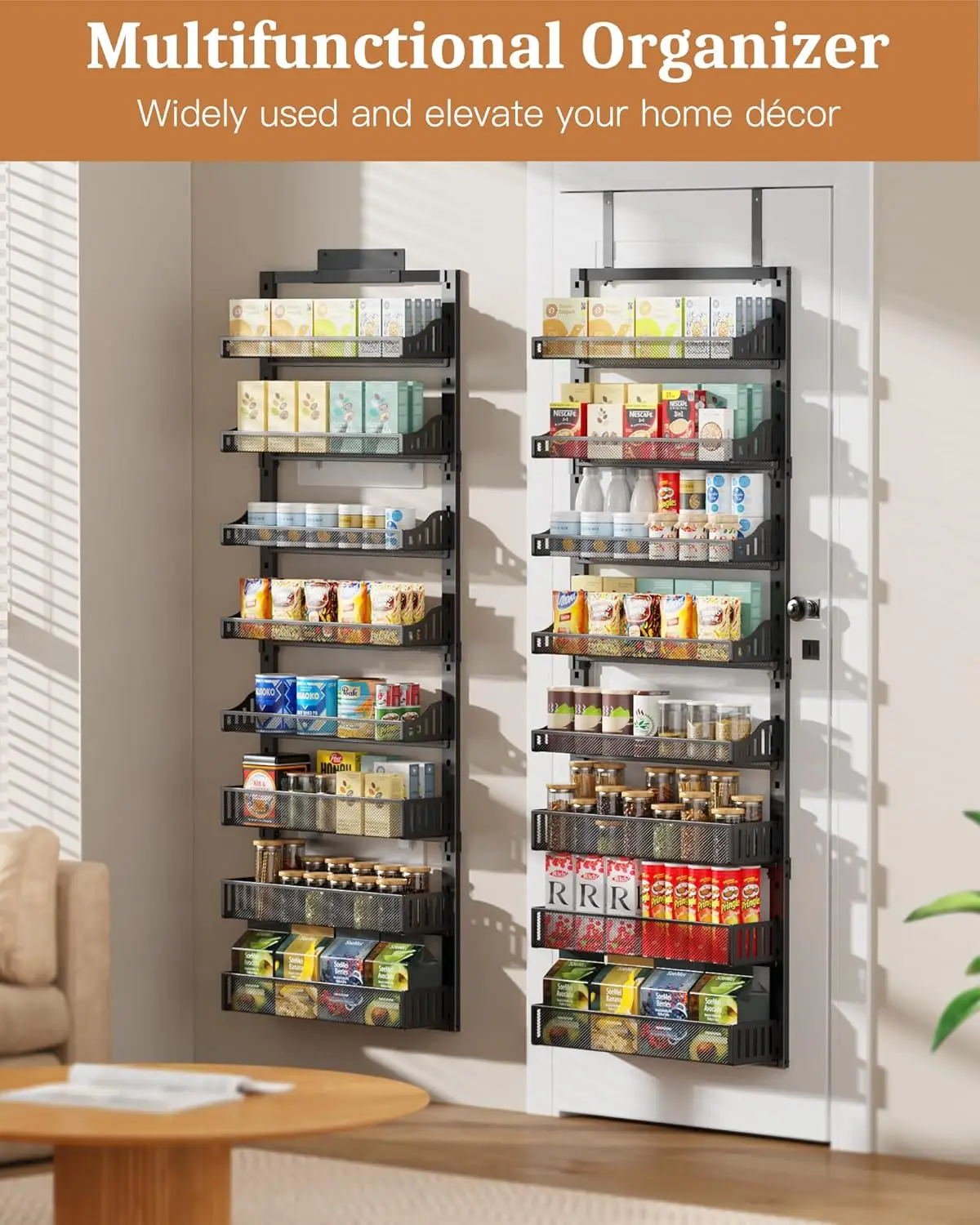 8-Tier Over the Door Pantry Organizer, Large Metal Door Spice Rack with Adjustable Basket, 2 in 1 Wall Mount or Hanging Heavy