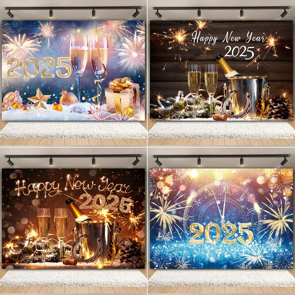 2025 Happy New Year Fireworks Photography Background Custom Decoration Champagne Backdrop Poster Banner Baby Shower Photo Studio