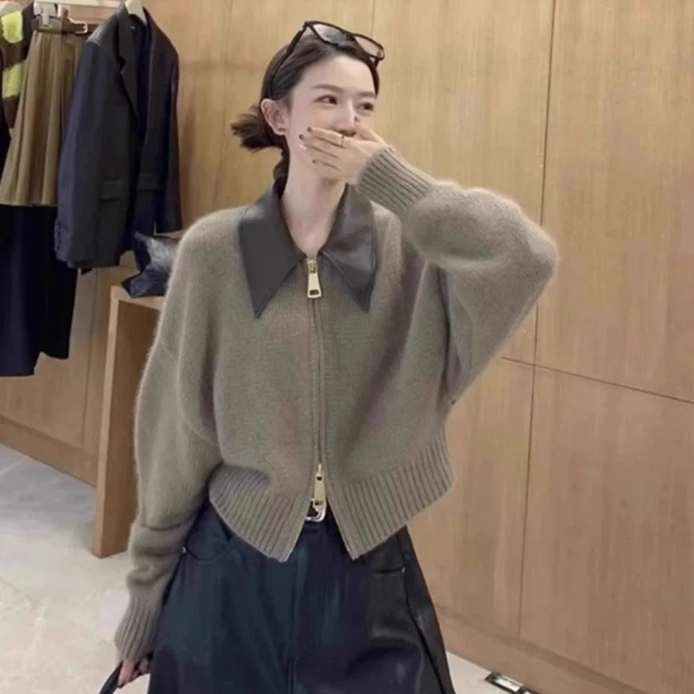 가죽 칼라 지퍼 프론트 스웨터 가디건 긴 소매 재봉 패턴 플립 칼라 스웨터 스트리트웨어 한국 스타일 크로셰 탑