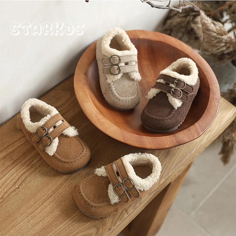 

Warm Fur Princess Dress Shoes Kid Girls Buckle Strap Flat Plush Shoes Baby Child Winter Casual Round Toe Cotton School Shoes