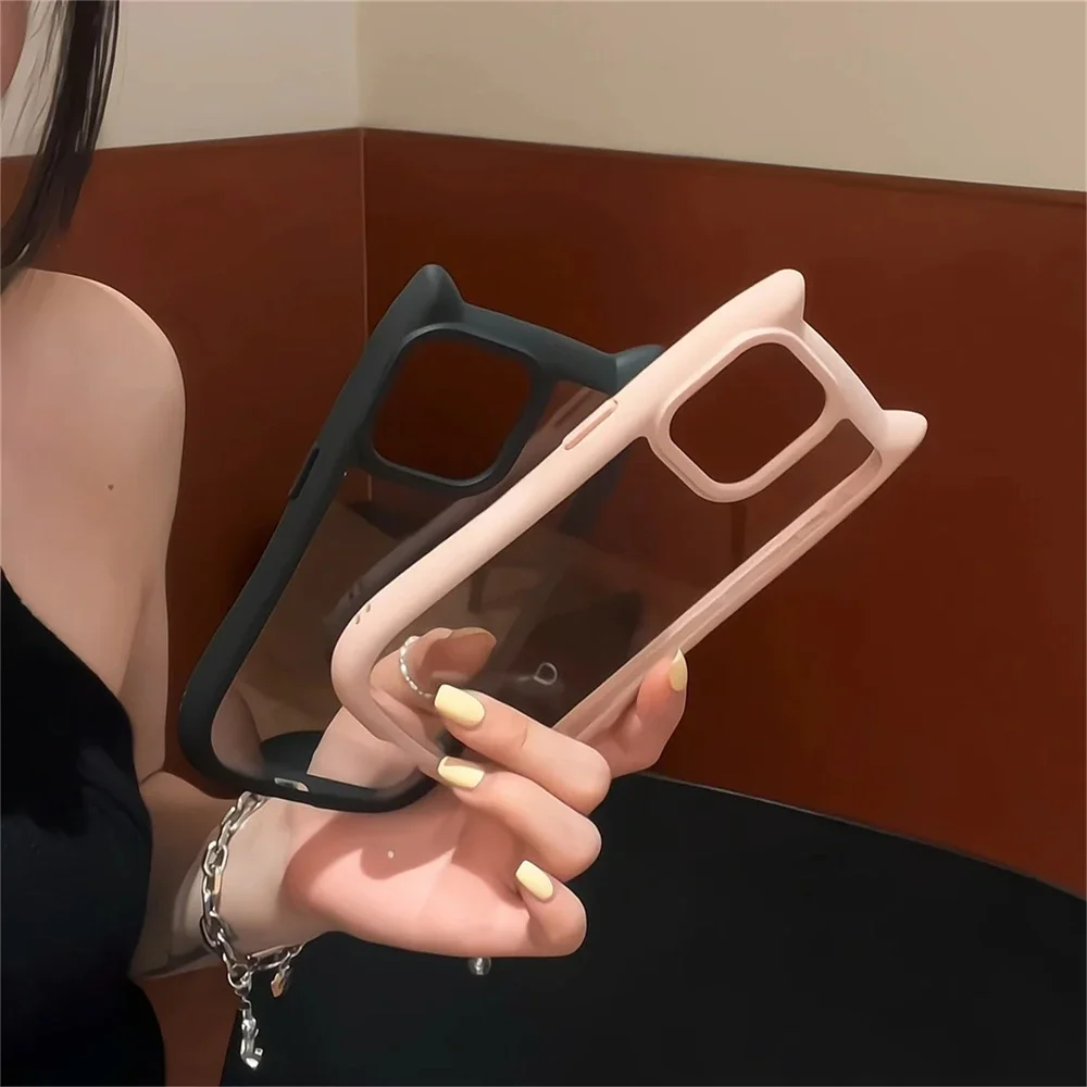 Korean Cute Funny Candy Color 3D Cat Ears Transparent Case For iPhone 15 14 13 12 Pro Max Kawaii Shockproof Back Cover Funda