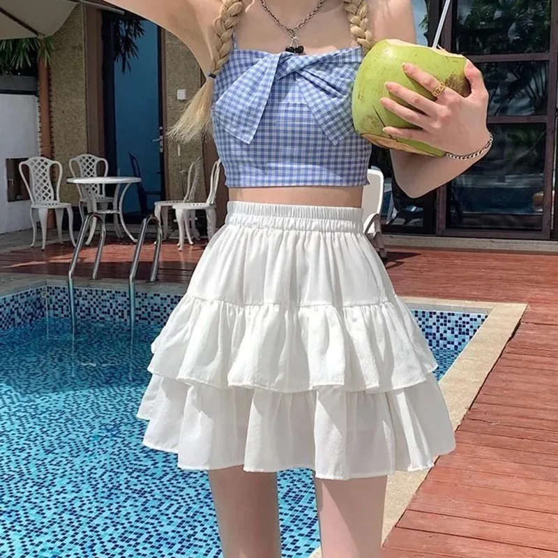 Summer White Pleated A-Line Skirt Women Elastic Waist Ruffle Sweet Mini Skirt Woman 2025 Korean Fashion Cake Short Skirts Female