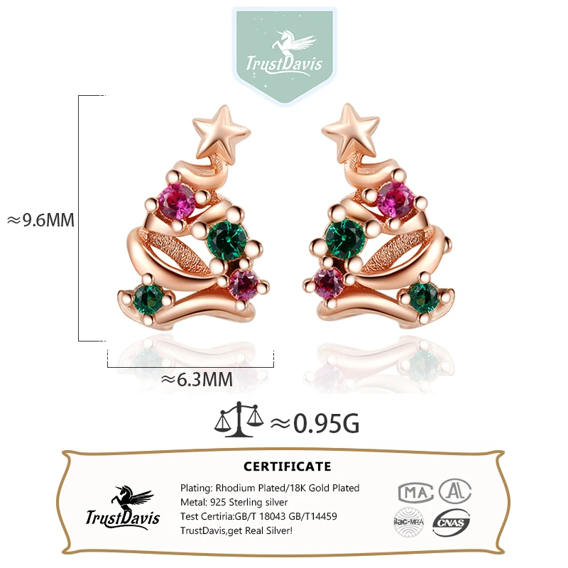 TrustDavis Real 925 Sterling Silver Cute Christmas Tree Screw Stud Earrings for Women Girls Fashion Fine Jewelry Gift DS4616