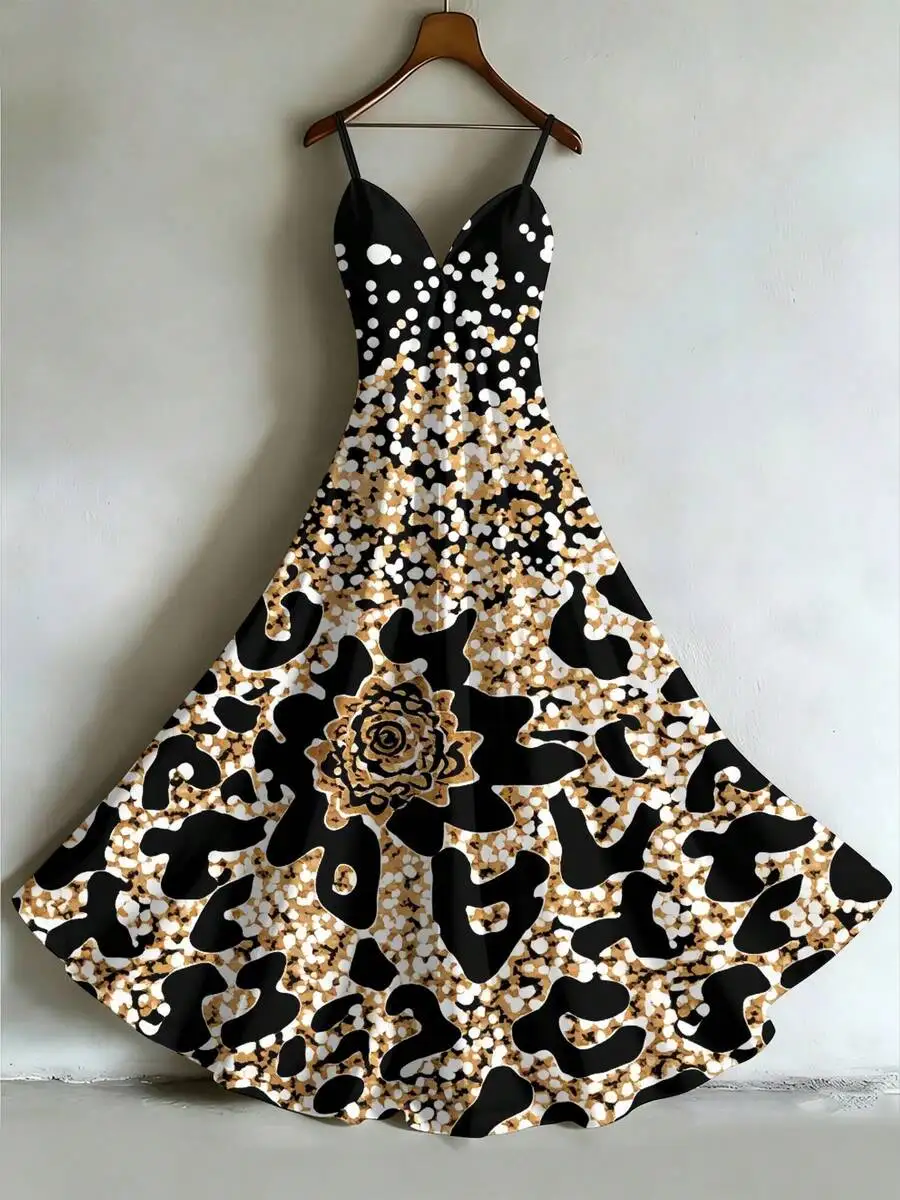 

Elegant Leopard Print Floral Slip Dress Summer Party Maxi Dress For Women