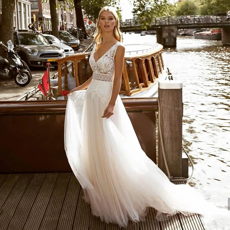 

Customized A-line Bohemian Church Wedding Dress with Train, Applique Tulle V-Neck Bridal Gown.