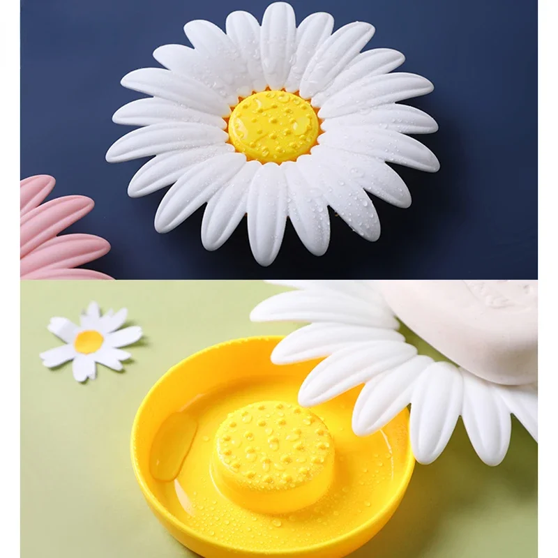 Cute Bathroom Daisy Soap Dish Creative Non-slip Sponge Soap Drain Holder Double Layer Soap Box Bathroom Accessories