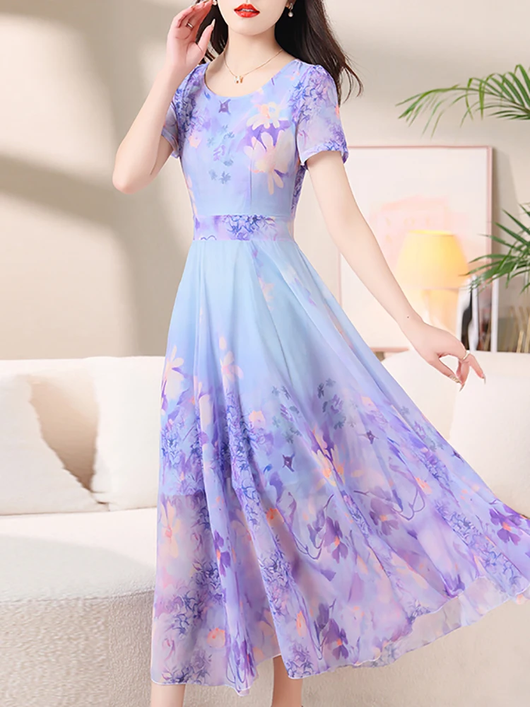 2024 Casual Luxury Holiday Midi Dress Summer Floral Chiffon Boho Beach Maxi Robe donna manica corta elegante vestito da partito aderente