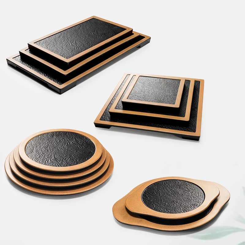 Pizza Cake Handheld Tray Melamine Black Bamboo Edge Stone Pattern Plate Cafeteria Restauran Tableware Barbecue Sushi Flat Dish