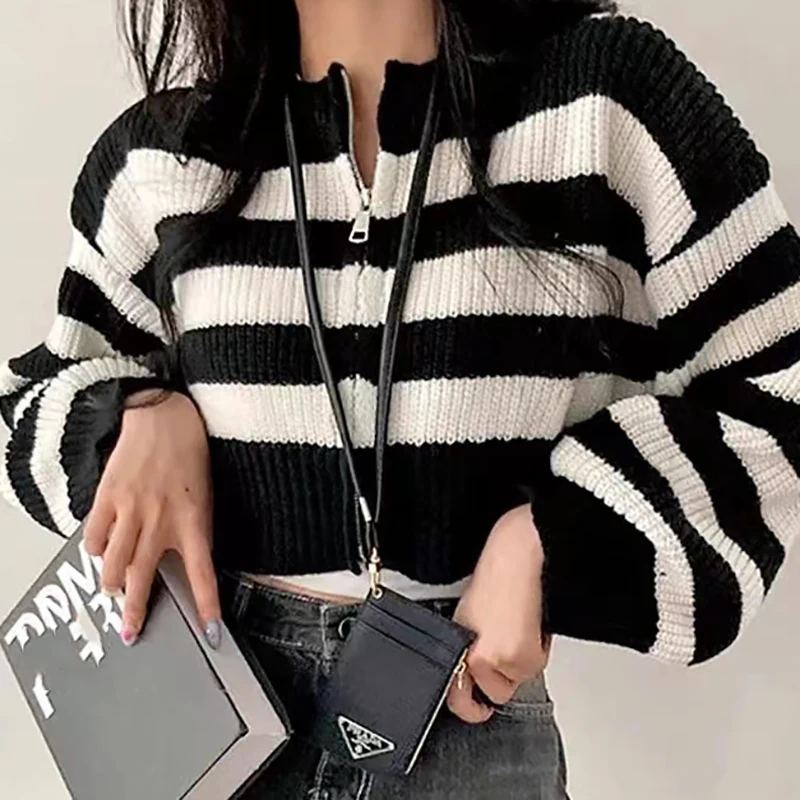 HELIAR Women Patchwork Striped Sweater Zipper Cardigan Sweater Knit O-Neck Casual Cropped Outerwear For Women 2024 Fall Winter