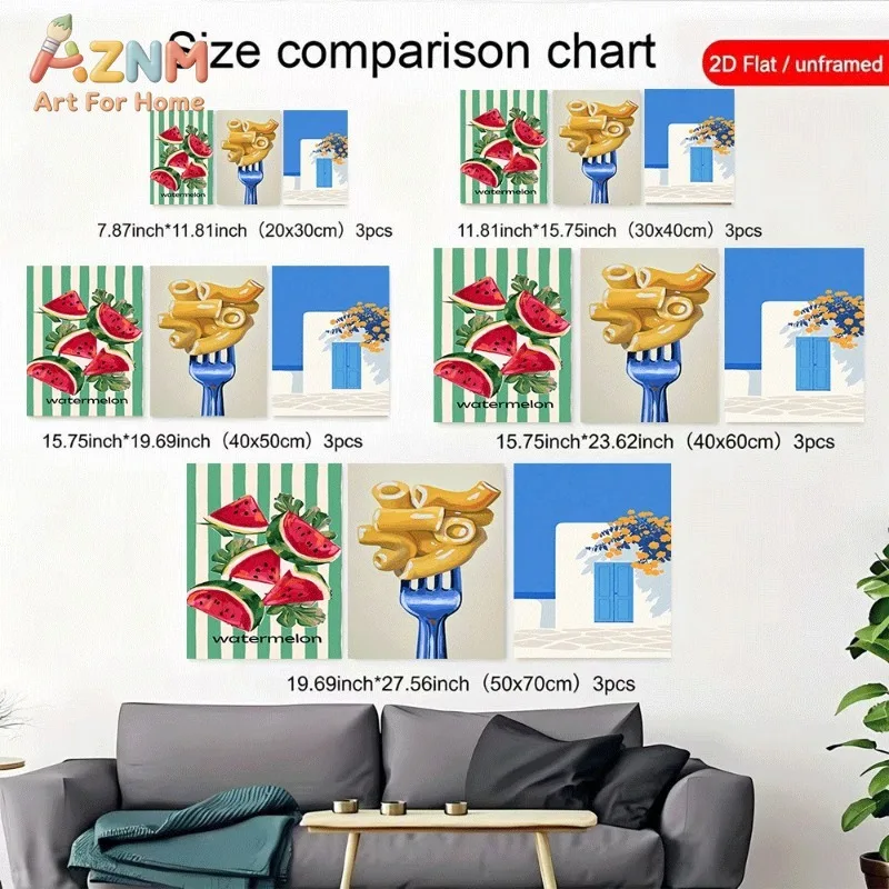 Retro Food Mediterranean Canvas Wall Art 3pcs Watermelon Pasta Fork Santorini Blue Door Unframed Canvas Print For Kitchen Living