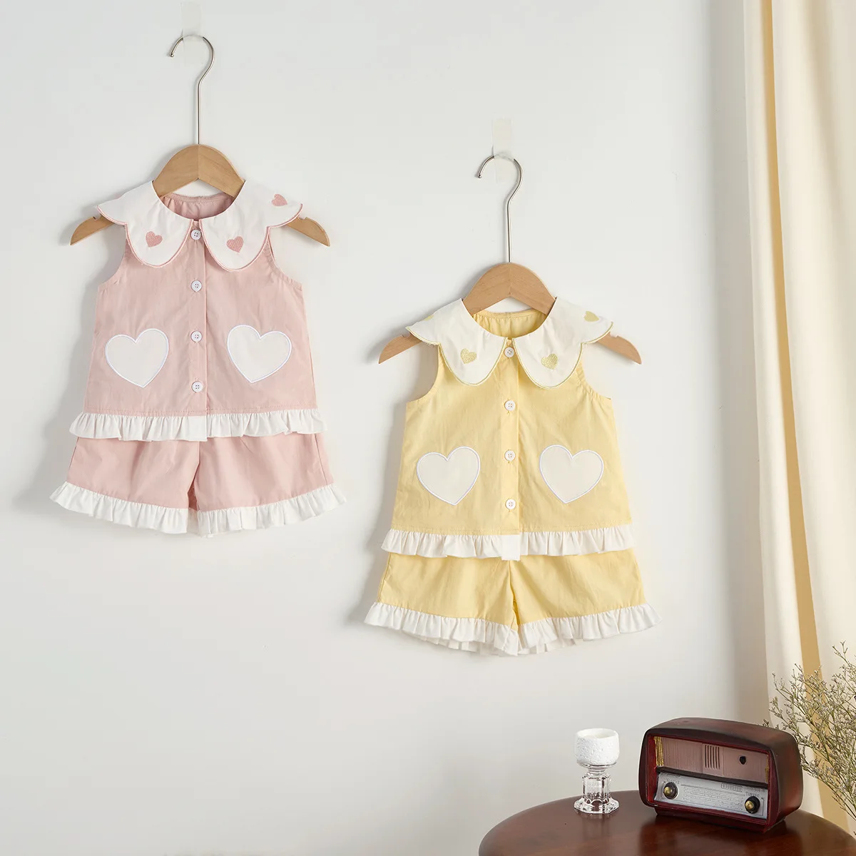 0-4Y Baby Children's Summer Clothes Set Cute Lapel Sleeveless Tops and Shorts Girls Love Embroidery 2Pcs Suit Kid's Outfits