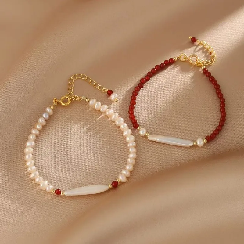 

Minar New Fashion Red Agate Natural Stone Freshwater Pearl Beads Beaded Strand Bracelets for Women 14K Real Gold Plated Copper