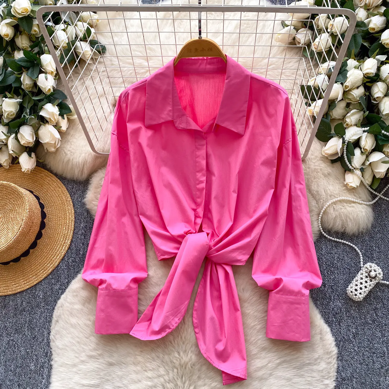 

Women Shirt Solid Blouses Lace Up Turn Down Collar Puff Long Sleeves Single Breasted Non Strech Loose Casual Office 2026 Spring