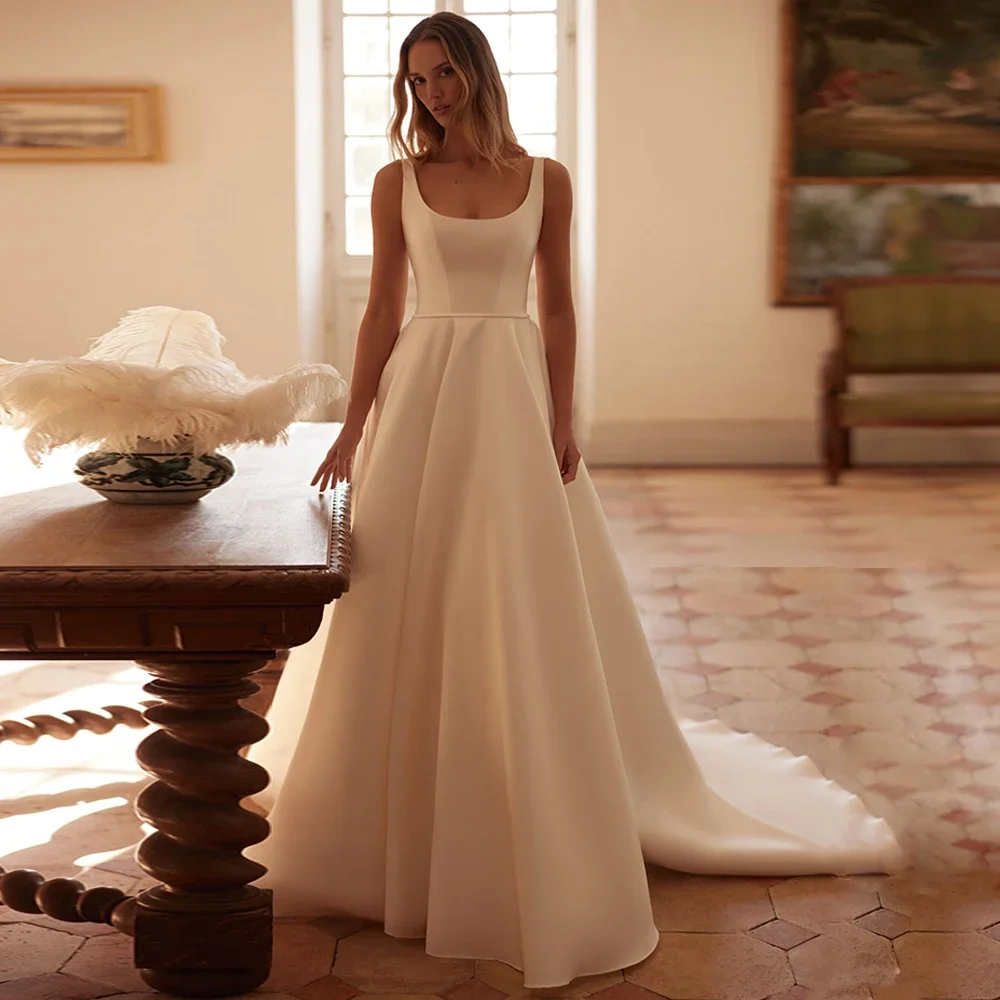 

Simple Modern Wedding Dress for Woman Customized Sleeveless Scoop Neck Court Train Corset Bridal Gown Robe De Mariee