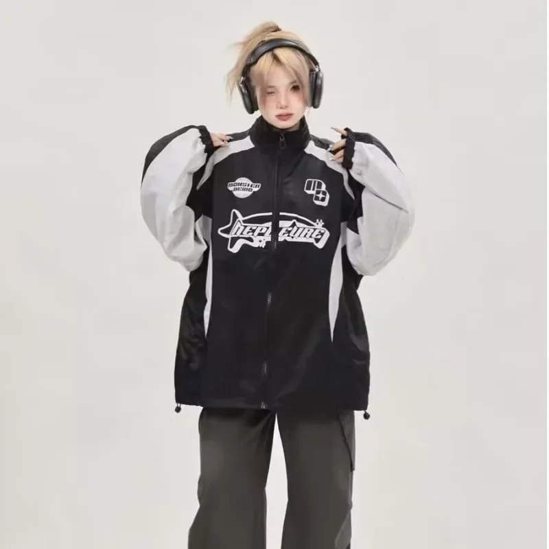 Deeptown-Vintage Racing Jacket for Women, Oversized Streetwear,Korean Fashion, Windbreaker, Hippie Motorcycle Jackets, Y2k, Autu