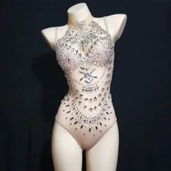 Sexy Perspective Crystal Leotard Female Singer Dancer Rhinestone Bodysuit Dance Costume Women Outfit Party Performance Bodysuit