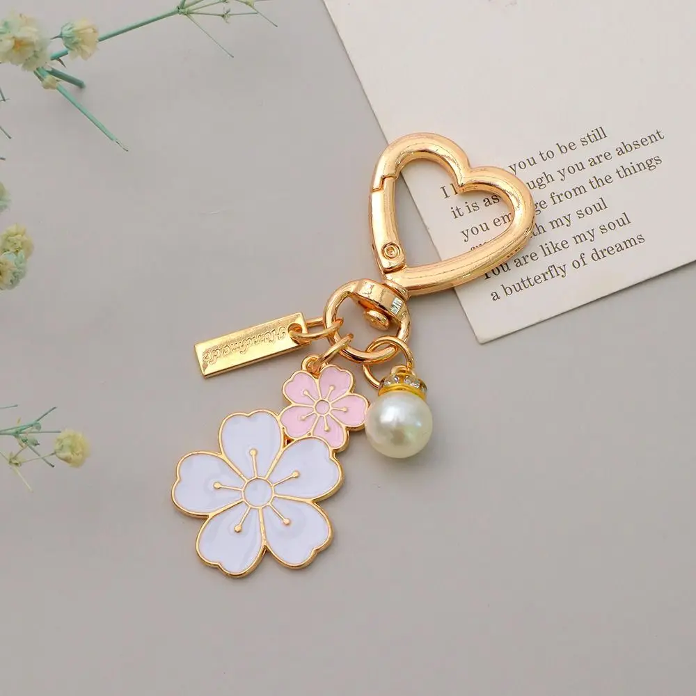 Lovely Cherry Blossoms Keychain Pearl Chain Letter Pendant Women Car Key Ring Headphone Case Charms Bag Decor Accessories
